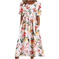 thumbnail image 1 of QJUHUNG Midi pour Femmes Été Décontracté en Vrac Boho Floral Imprimé Col Rond Manches Courtes Genou Longueur Robe Froncée avec Poches, 1 of 6