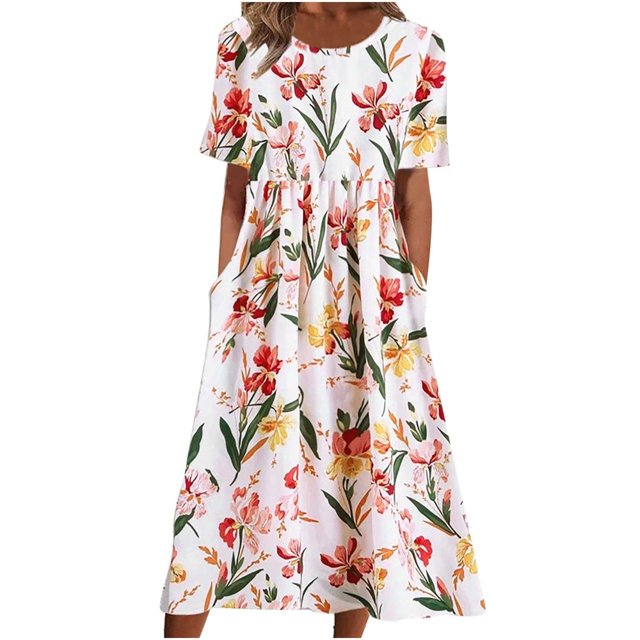 QJUHUNG Midi pour Femmes Été Décontracté en Vrac Boho Floral Imprimé Col Rond Manches Courtes Genou Longueur Robe Froncée avec Poches