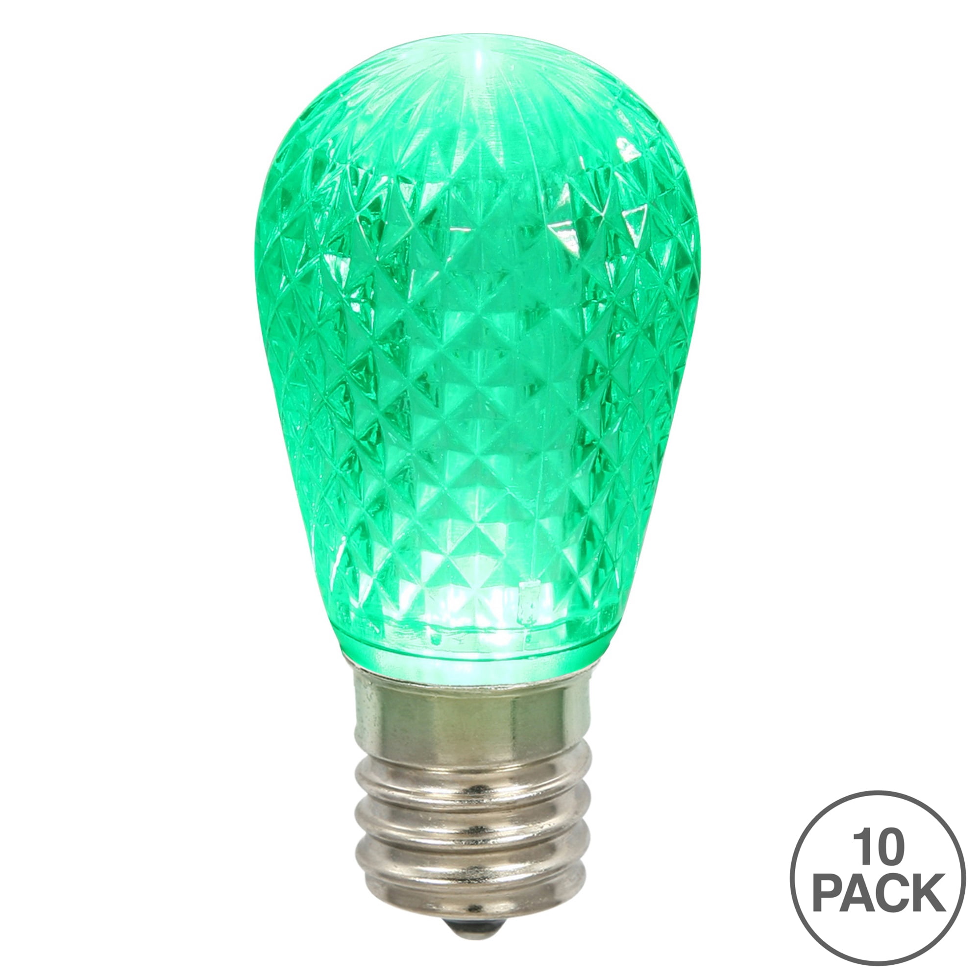 Vickerman S14 LED Green Faceted Replacement Bulb E26 Nickel Base, 10 Bulbs per Pack.