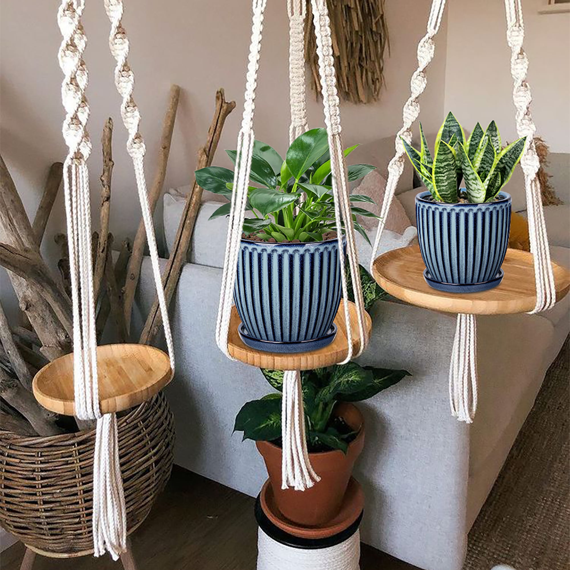 2 Pcs Ceramic Pots 4.9 &5.7 inch Plant Flowers Pots with Saucer and Drainage Holes Blue White Vertical Stripe(Plants are NOT Included)