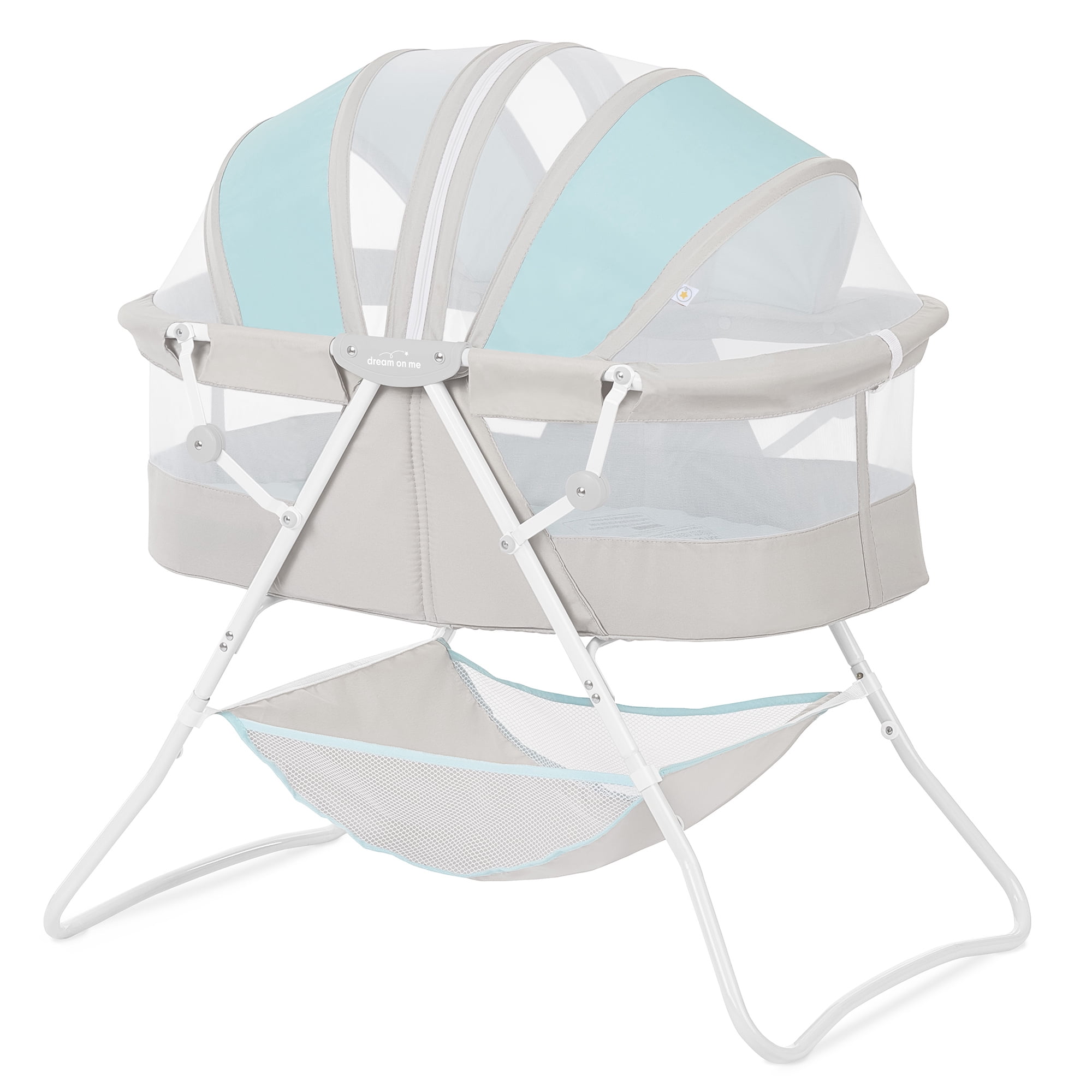 Dream On Me Karley Bassinet in Blue and Grey, Quick Fold and Easy to Carry, Large Storage Basket