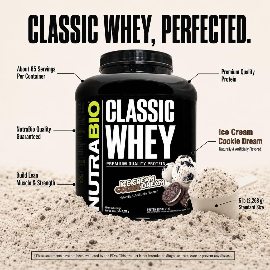 NutraBio Classic Whey Protein Powder- Full-Spectrum Amino Acid Profile - No Fillers, Artificial Colors, Preservatives - Low Glycemic Index - Ice Cream Cookie Dream, 5 Pounds