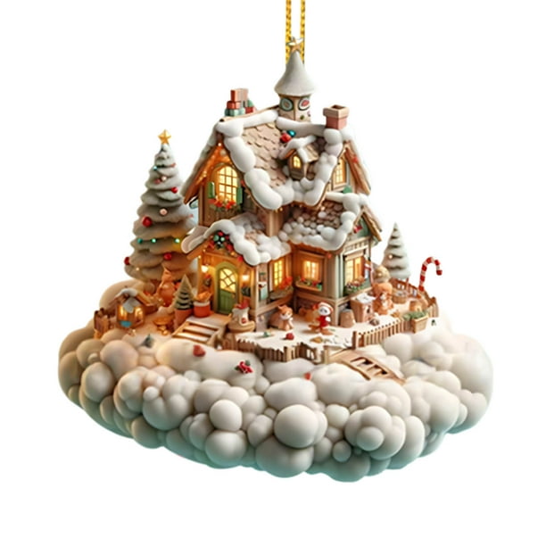 Adorno para árbol de Navidad | Decoración colgante de acrílico para las fiestas | Escena de cabaña en un pueblo invernal