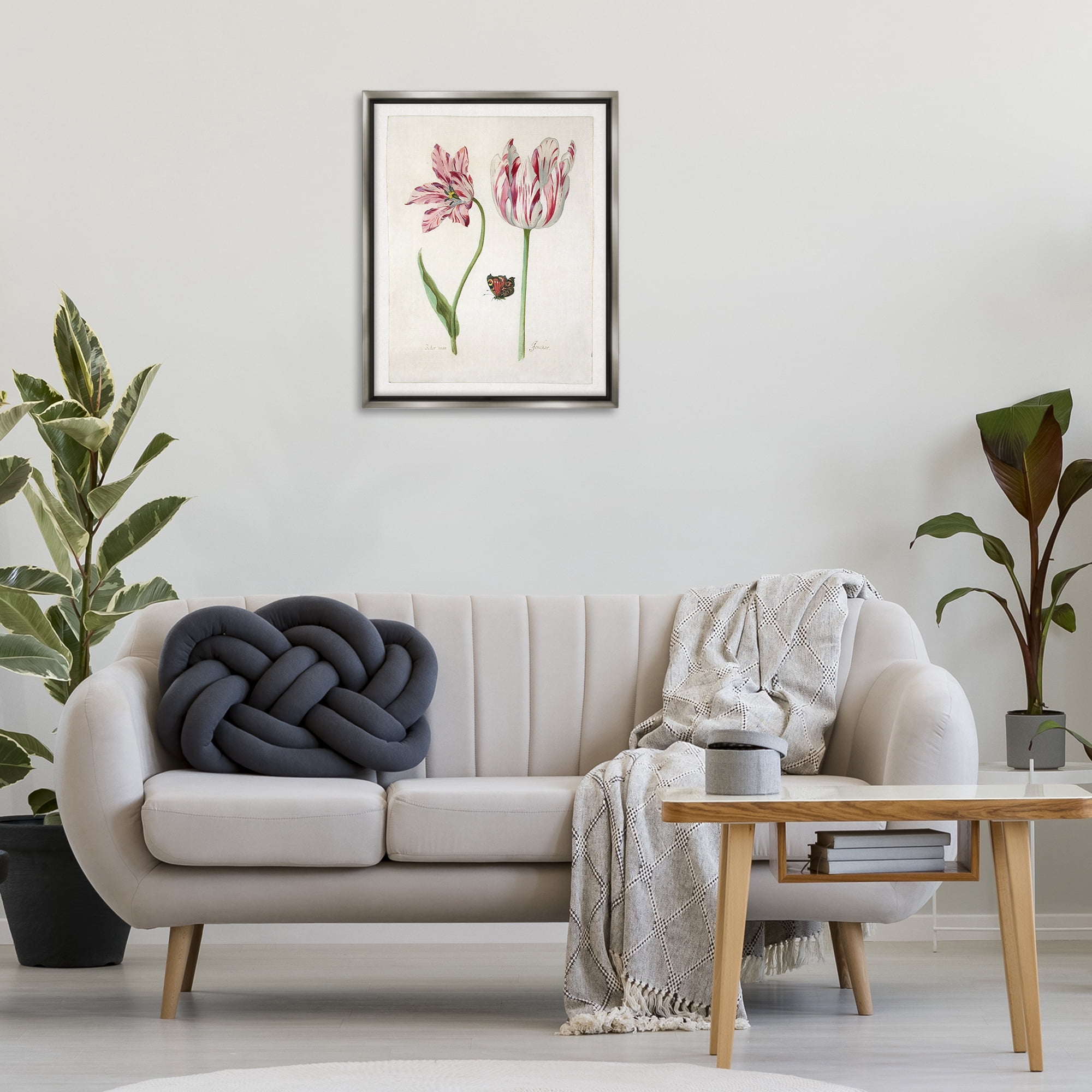 Stupell Industries Classic Tulip & Butterfly Plants & Flowers Painting Gray Floater Framed Canvas Art Print Wall Art, 25 x 31