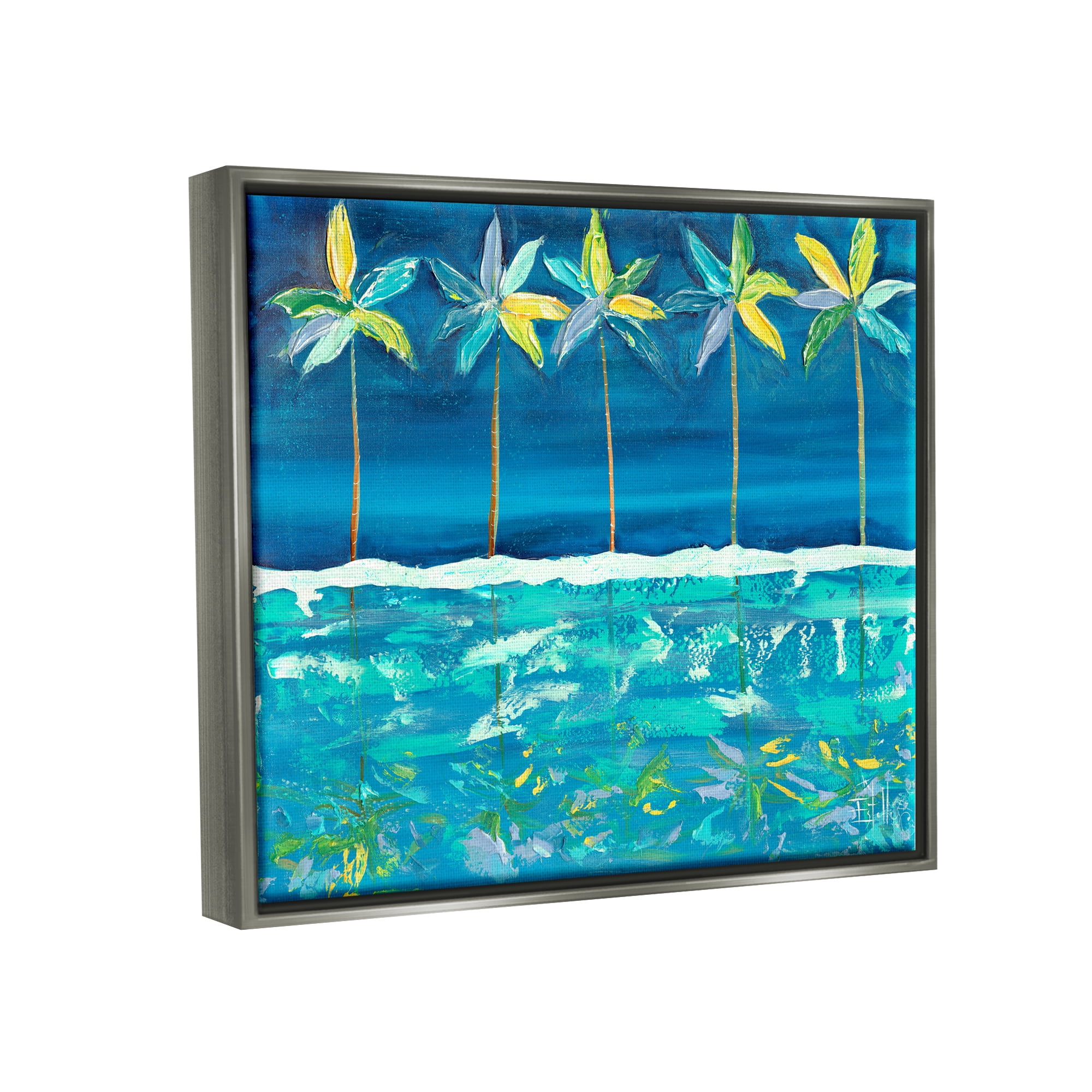 Stupell Industries Blue Abstract Palms Landscape Painting Gray Floater Framed Canvas Art Print Wall Art, 21 x 17