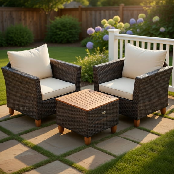 GVN Outdoor Conversation Sets,Patio Furniture Sets,3 Pieces Patio PE Wicker Furniture Set with Cushions and Acacia Wood Storage Coffee Table-Beige