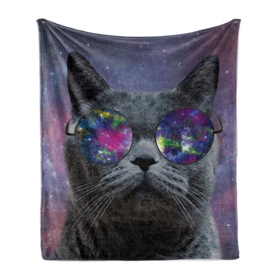 Cosmic Cat Soft Flannel Fleece Throw Blanket, Funny Grey Kitten with Retro Round Sunglasses on Galactic Background, Cozy Plush for Indoor and Outdoor Use, 50" x 70", Grey and Multicolor, by Ambesonne