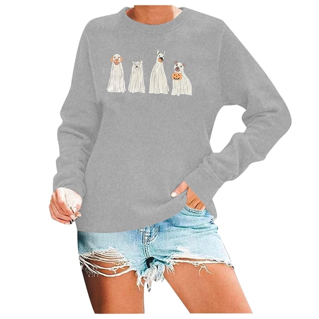 Arlun,Halloween Chandails en Molleton Fantôme-Chien pour Femmes Drôle Mignon Citrouille Graphique Imprimé Chandail à Col Rond 2025 Mode Grande Taille Halloween Manches Longues Chandails à Enfiler Hauts Gris Pâle S