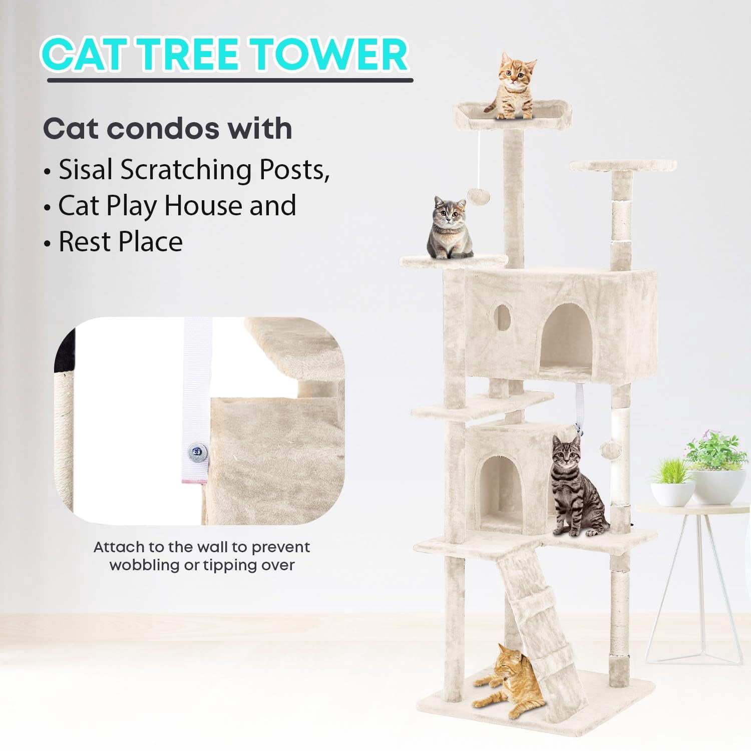Large Multi-Level Cat Tree, 70 Inches Tall with Sisal-Covered Scratching Posts, Condo, Dangling Ball, and Extended Platform for Cats to Play and Sleep, Ashy