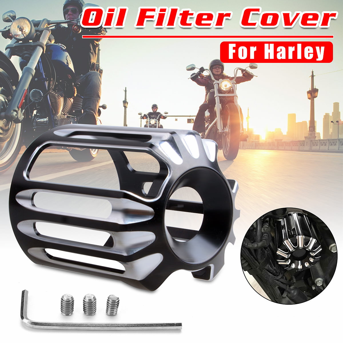 Re-usable Black Motorcycle CNC Cut Oil Filter Cover Cap Trim Aluminum for Harley