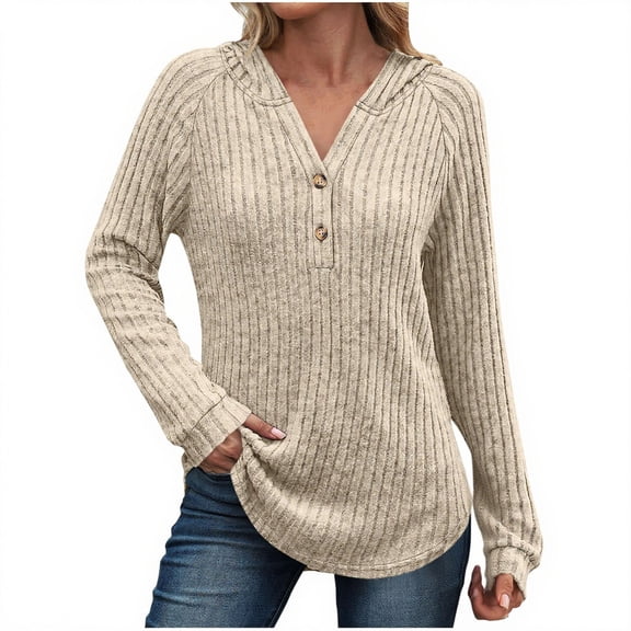 YUGYXL Womens Long Sleeve Henley Tops Ribbed Knit Hoodie Shirts Fall Loose Fit Lightweight Hooded Sweaters Beige S