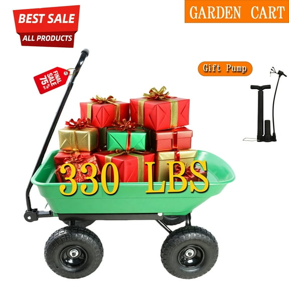 330 Lbs Heavy Duty Folding Dump Wagon Cart | 10" Pneumatic All-Terrain Tires, 180° Swivel Handle, Steel-Plastic Frame | Large Capacity Utility Tipper for Lawn Care/Construction/Farm Use