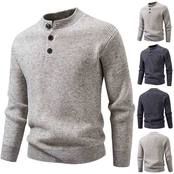 Hinvhai Men Henley Knit Sweater Dress Long Sleeve Button Pullover Sweater Casual Sweater Lightweight Slim Fit Tops Gray XL(XL)