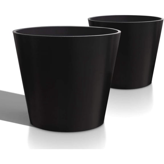 Wide Planters for Outdoor Plants, Extra Large Indoor Flower Pots for Garden, Front Porch, Patio - Round Resin Planter Set of 2 (Black, 16" D x 13" H)