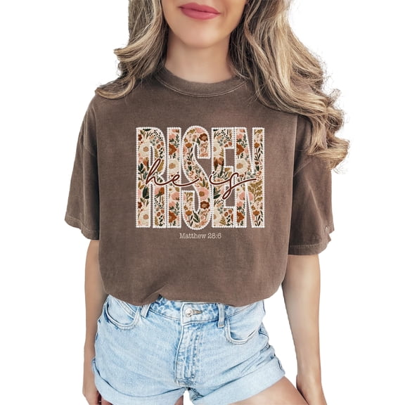 He Is Risen Shirt for Women - Ink-Printed Pearls Easter Matthew 28:6 Floral Tee Blue Jean Shirt Adult 2XL