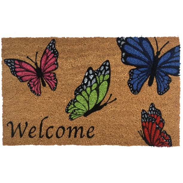 Butterflies Spring Coir Doormat Natural Fiber Outdoor 18" x 30