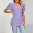 thumbnail image 2 of Women V Neck Top Puff Sleeve Shirt Short Sleeve Top Loose Hollow Out Slim Shirt Purple XL, 2 of 6