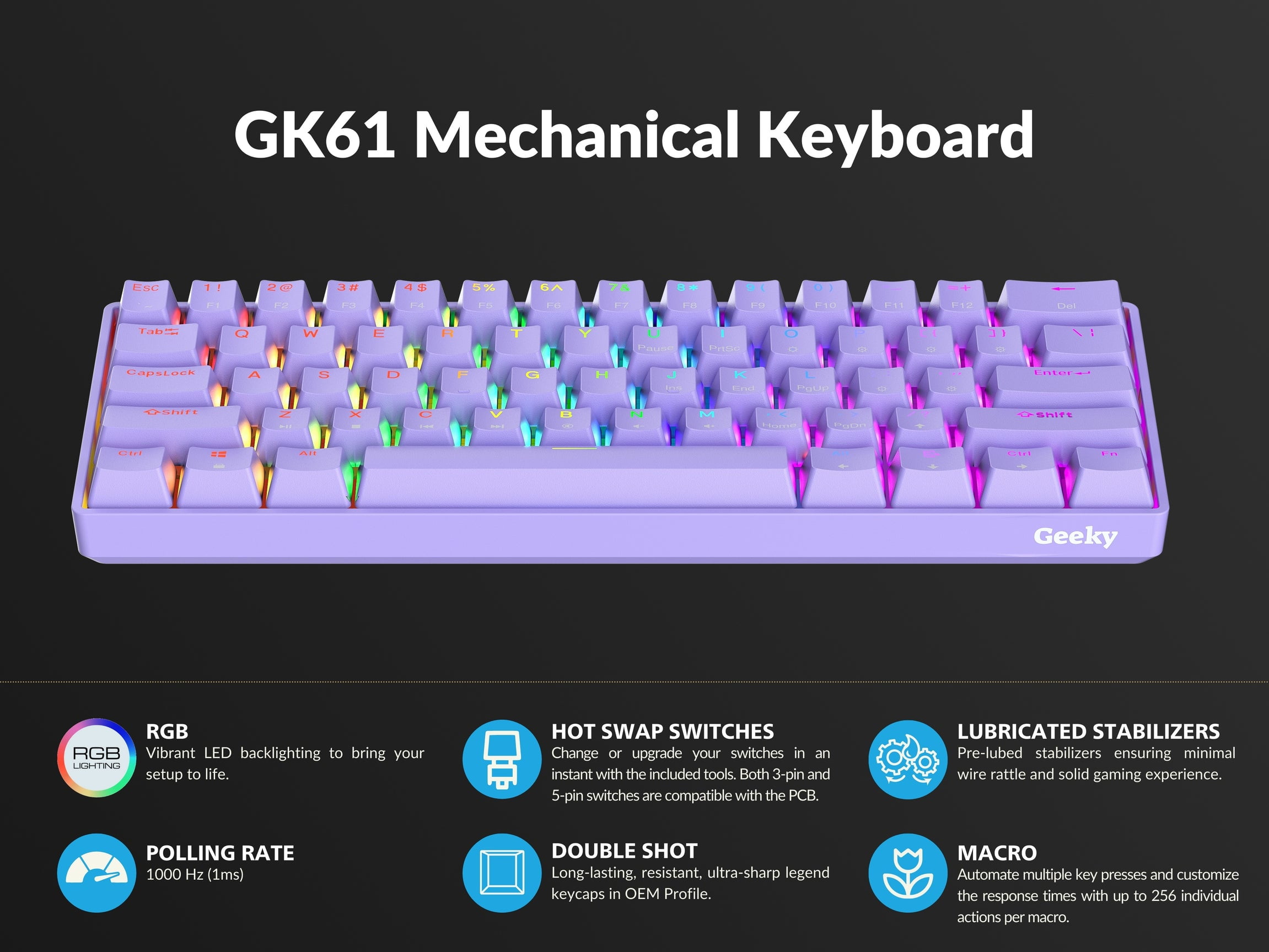 Geeky GK61 SE 60% | Mechanical Gaming Keyboard | 61 Keys Multi Color RGB LED Backlit for PC / Mac Gamer | ANSI US American Layout ( Lavender , Mechanical Red )