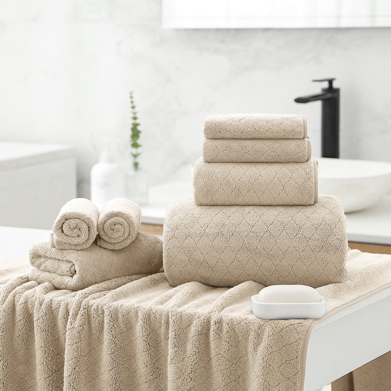 Smuge 18 pcs Bath Towel Sets, Include 6 Bath Sheet Towels, 6 Hand Towels, 6 Washcloths, Soft Microfiber Highly Absorbent Shower Towel for Bathroom Gym Spa(Camel)