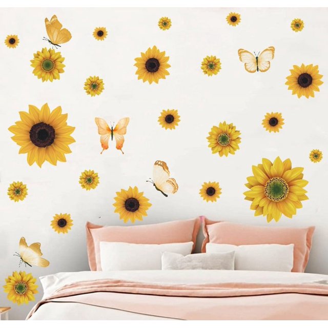 Pegatinas de pared de girasol y pegatinas de pared de mariposa dorada 3D,Decoración de pared de girasol amarillo despegar y pegar,Calcomanías de pared impermeables extraíbles