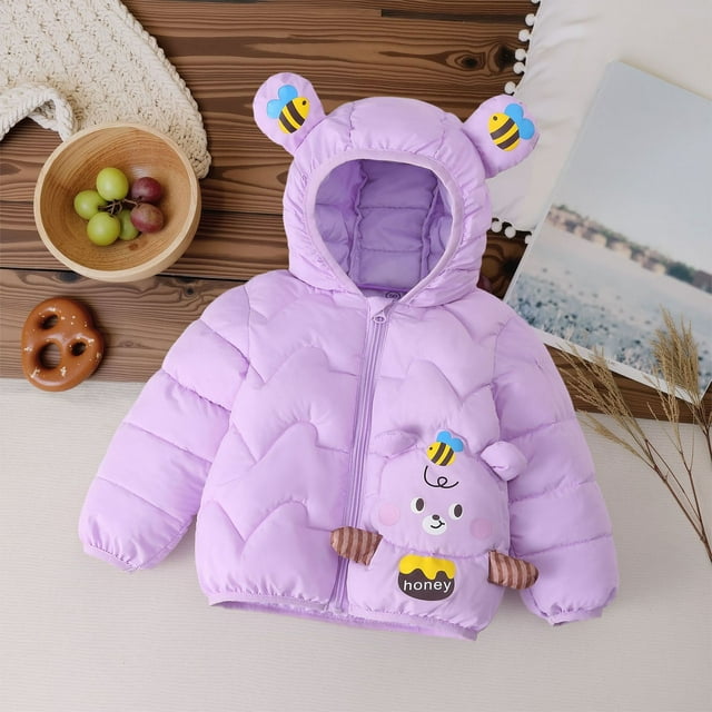Chaqueta de plumón con estampado de osito de peluche para niños y niñas, otoño e invierno, para bebés y niños pequeños, ligera, de manga larga, con capucha, para exteriores, abrigo de poliéster para n
