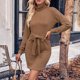 thumbnail image 1 of Womens Long Sleeve Turtleneck Knit Jumper Short Dress Solid Color Lace Up Dress, 1 of 8