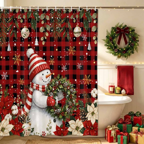 Christmas Snowman Bathroom Shower Curtain, Rustic Holiday Wreath Floral Black Red Plaid Waterproof Washable Soft Bath Curtain for Bathtub Decor with 12 Hooks&Grommet, 36x72in