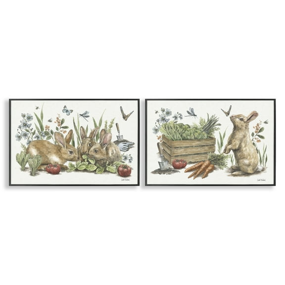 Stupell Industries Rabbit Vegetable Garden Party Animals Painting Black Framed Art Print Wall Art, 18 x 12, Set of 2