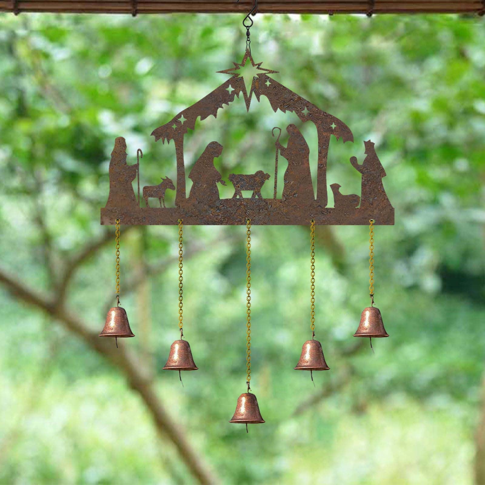 Nativity Theme Iron Wind Chime 11.81x19.69in Indoor Outdoor Hanging Decor Musical Holiday Christmas Garden Patio Decorative Art Piece Anniversary Present