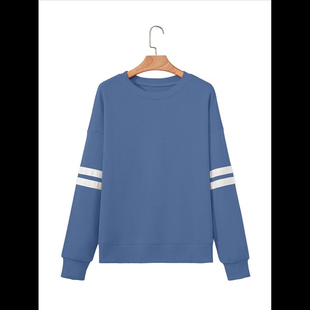 Sudadera Holgada A Rayas para Mujer (Otoño 2025), Cuello Redondo, Larga, Informal, con Bloques de Color Azul L