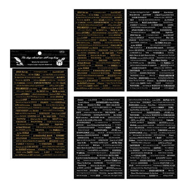 Set of 4 sheets of stickers of words and phrases, gold foil, small words, quotes, vintage, scrapbooking, diary