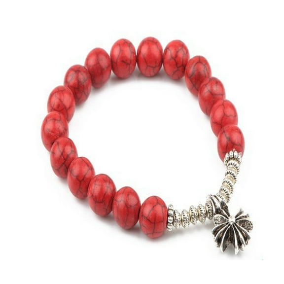KATGI Fashion Semi Red Gemstone Birthstone Round Beaded Elastic Bracelet Cross Charm