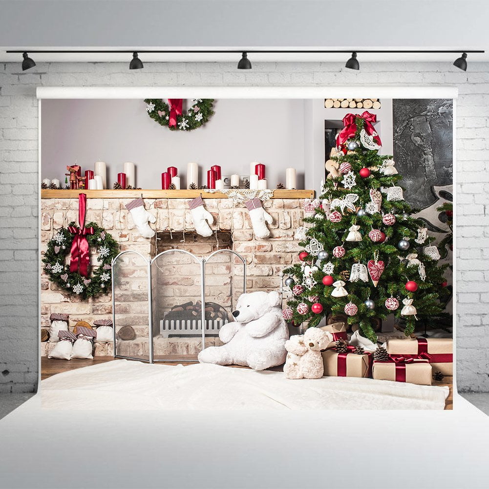 Christmas zoom background backdrop for online meeting and HelloDecor Polyester Fabric 7x5ft Christmas Tree White Brick Fireplace Photography Backdrops