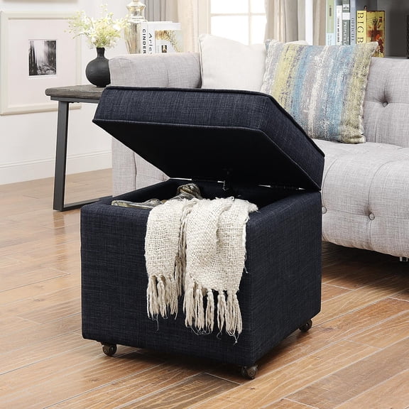 Gustav Black Linen Ottoman - Hidden Storage, Castered Legs
