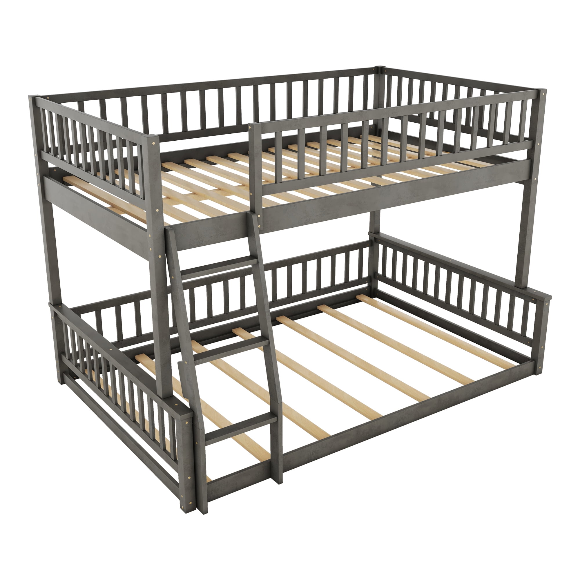Full XL Over Queen Bunk Bed for Kids Adults, Queen Size Floor Bunk Beds with Inclined Ladder, Solid Wood Low Bunk Bed,Detachable Bunk Beds for Teens,Girls,Boys