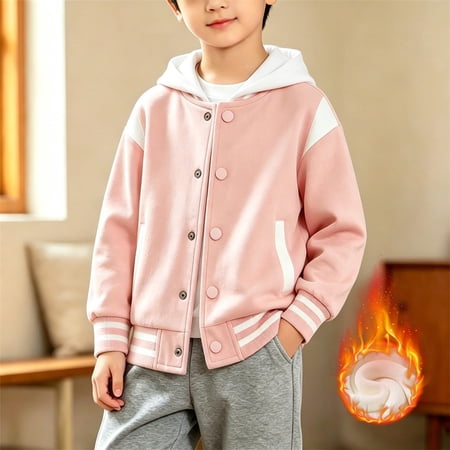 UDAUDU Kids Girls Boys Varsity Hoodie Jackets Baseball Jacket Button Down Lightweight Bomber Fall Winter Coat School Outwear with Pocket Pink 3-4 Years