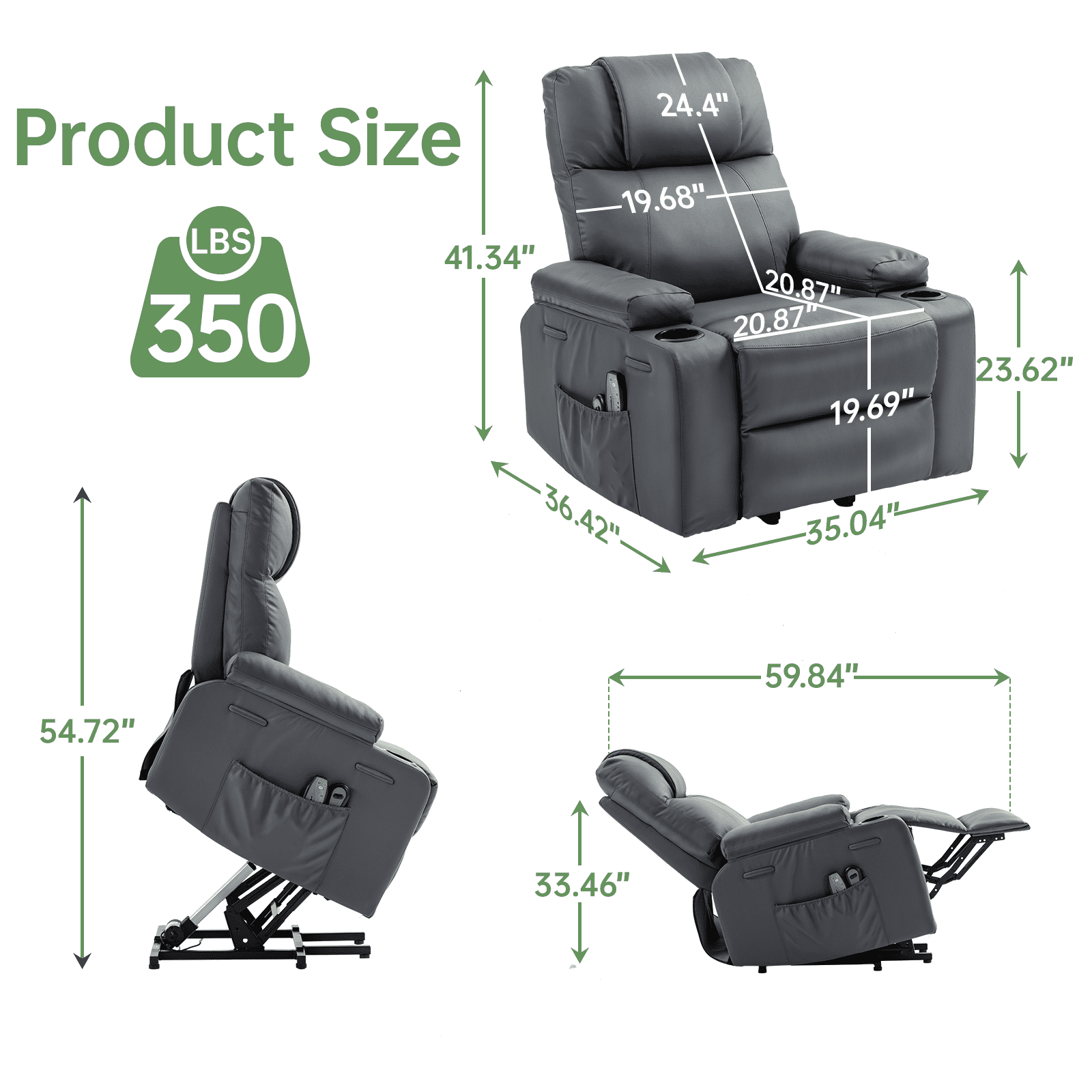 Power Lift Recliner Chair for Elderly with Heat & Massage, 160° Electric Adjustable PU Leather Recliner Sofa with Remote Control, Stand Assist, Cup Holder & Side Pockets for Living Room (Grey)