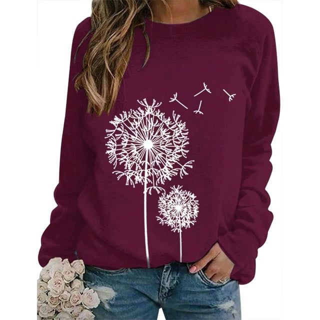 ZXZY Women Dandelion Graphic Print Round Neck Long Sleeve Pullover