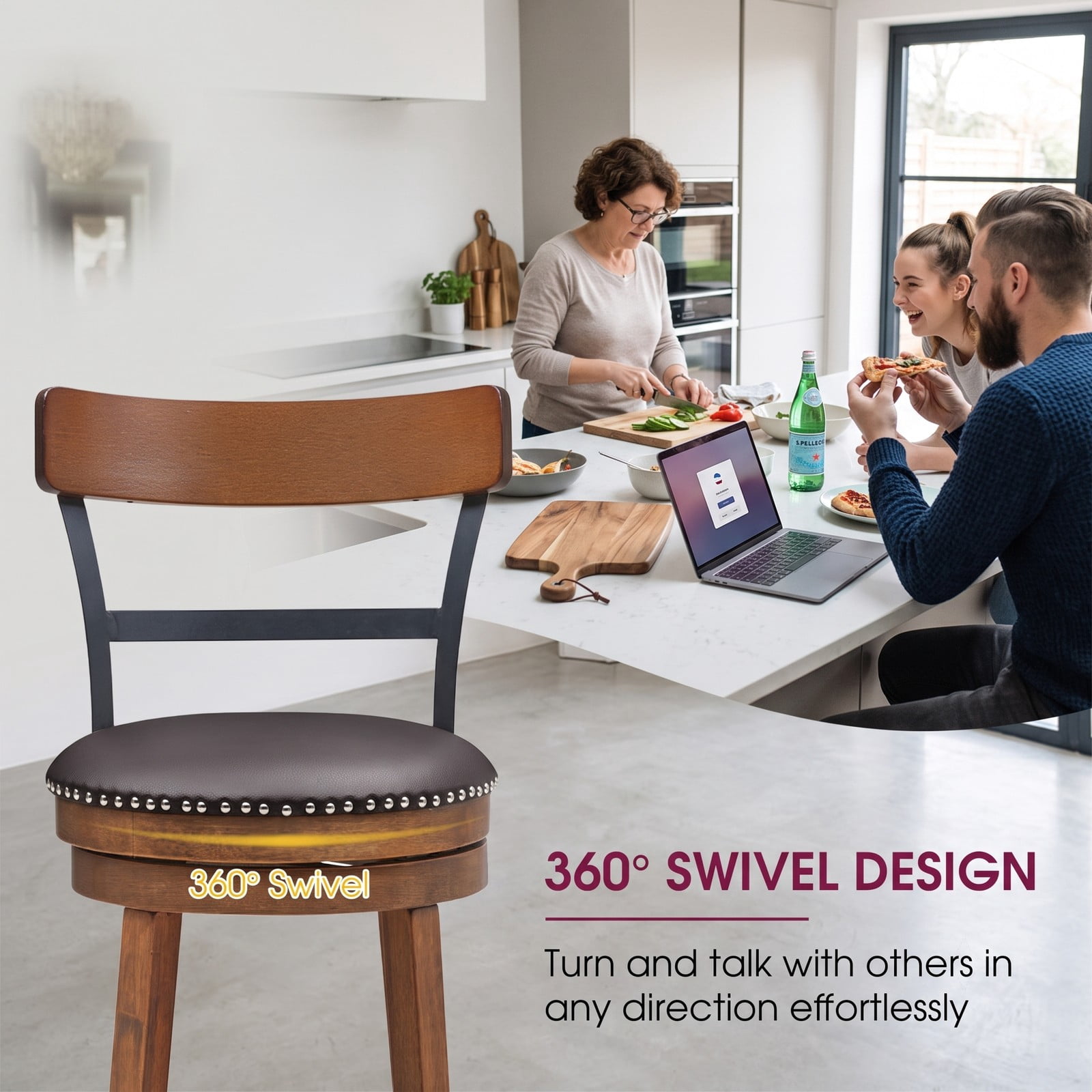 Furnibear Set of 2 30.5 Inch Swivel Pub Height Bar Stools, Rubber Wood Counter Bar Chairs with PVC Leather Padded Seat, Ergonomic Backrest and Anti-Slip Foot, Brown