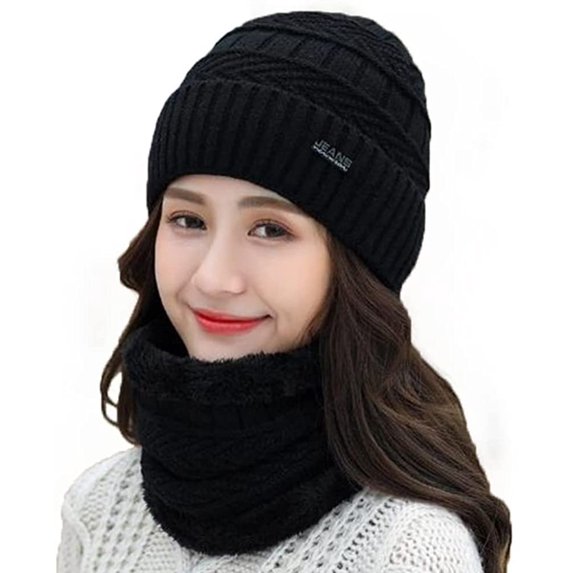 GRNSHTS Winter Warm Knitted Beanie and Warm Scarf Set for Women, Soft Fleece Lining and Stylish Knit Scarf and Beanie Set (Black)