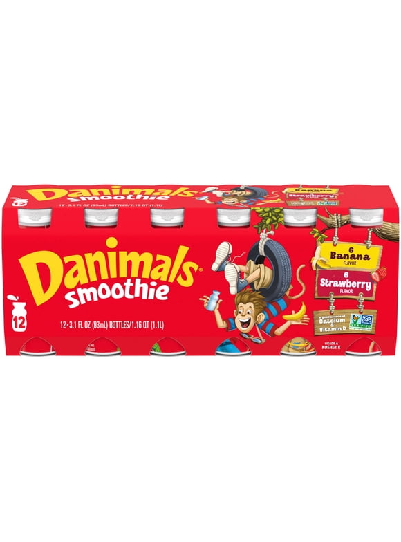 Danimals Strawberry Explosion & Banana Split Variety Pack Smoothies, 3.1 Oz. Bottles, 12 Count