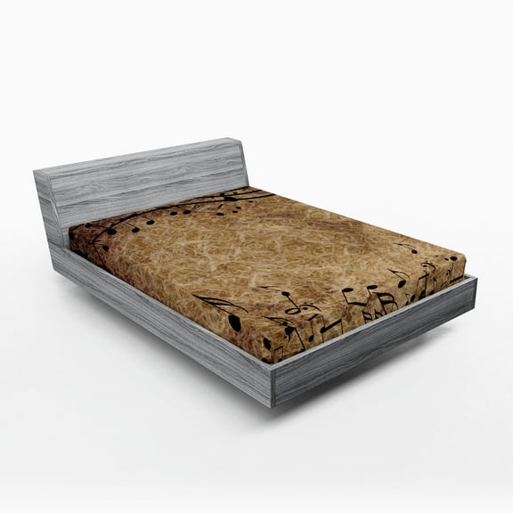 Ambesonne Music Fitted Sheet, Notes with Sheet Monochrome, Queen Size, Yellow Black Brown