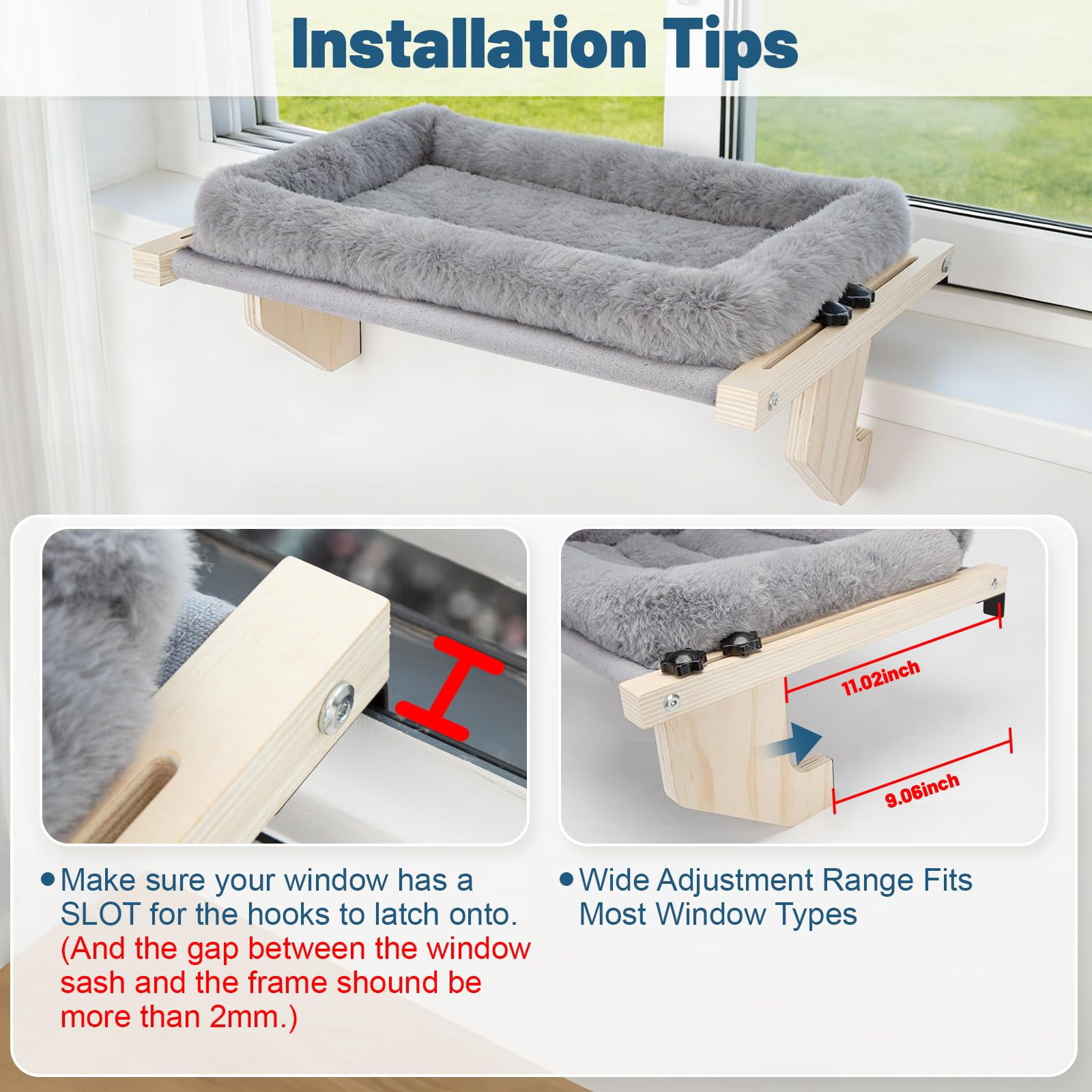 Cat Sill Window Perch - Pine Frame  Soft Rabbit Cushion Tool-free Adjustment Supports 50 Lbs (large-grey)