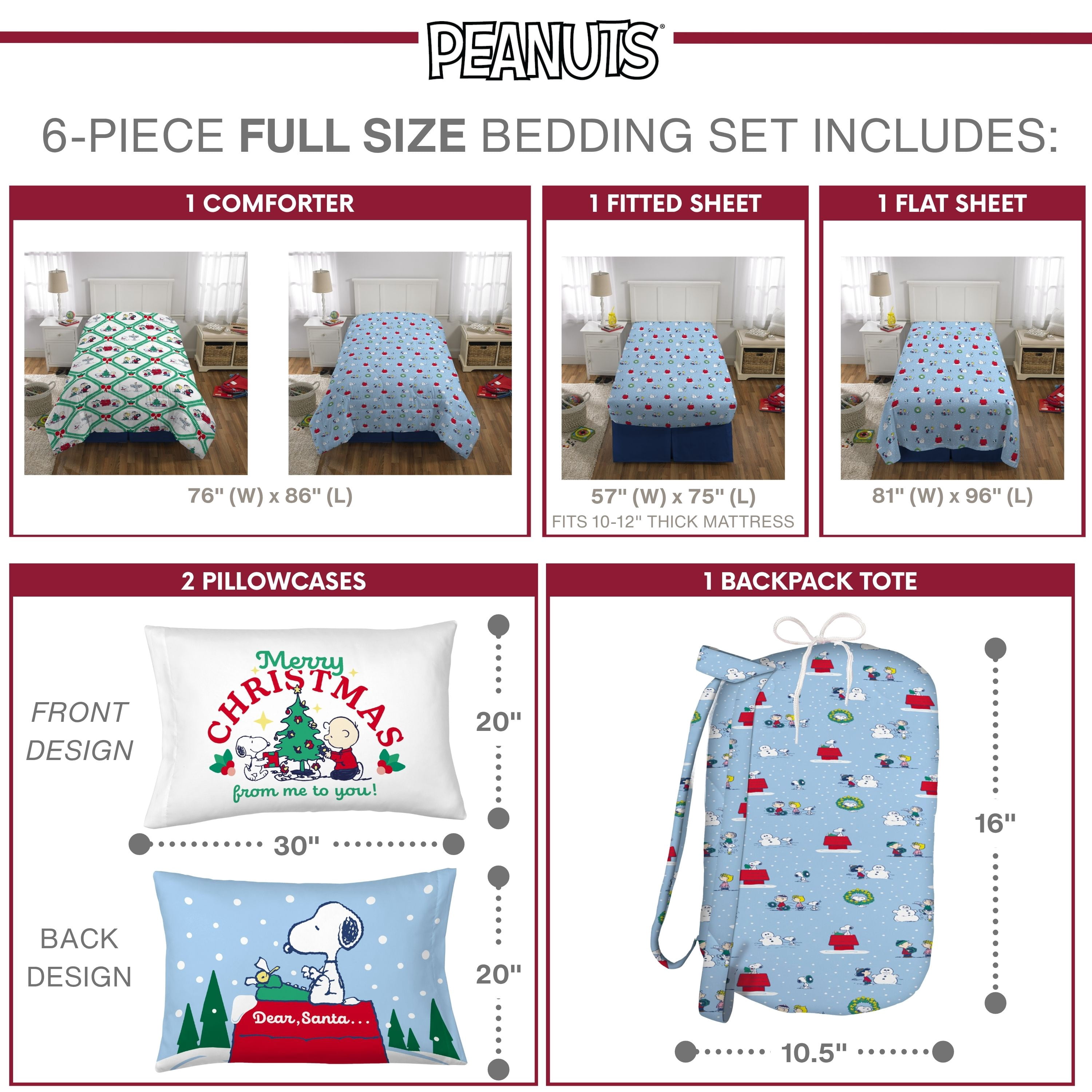 Peanuts Snoopy Holiday Kids 6 Piece Reversible Comforter, Pillowcase, Sheet Set, and Backpack, Full