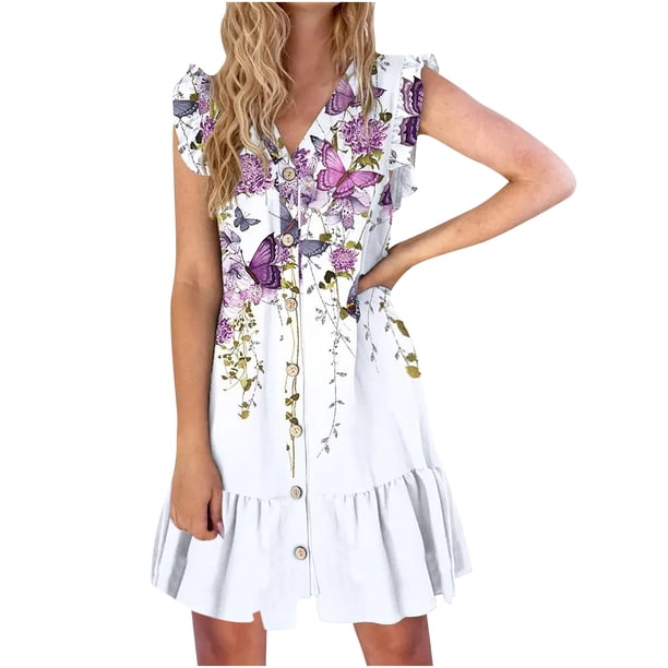Vestido estampado con cuello en V y dobladillo con volantes en la parte delantera con botones casuales de verano para mujer Fridja hj4763