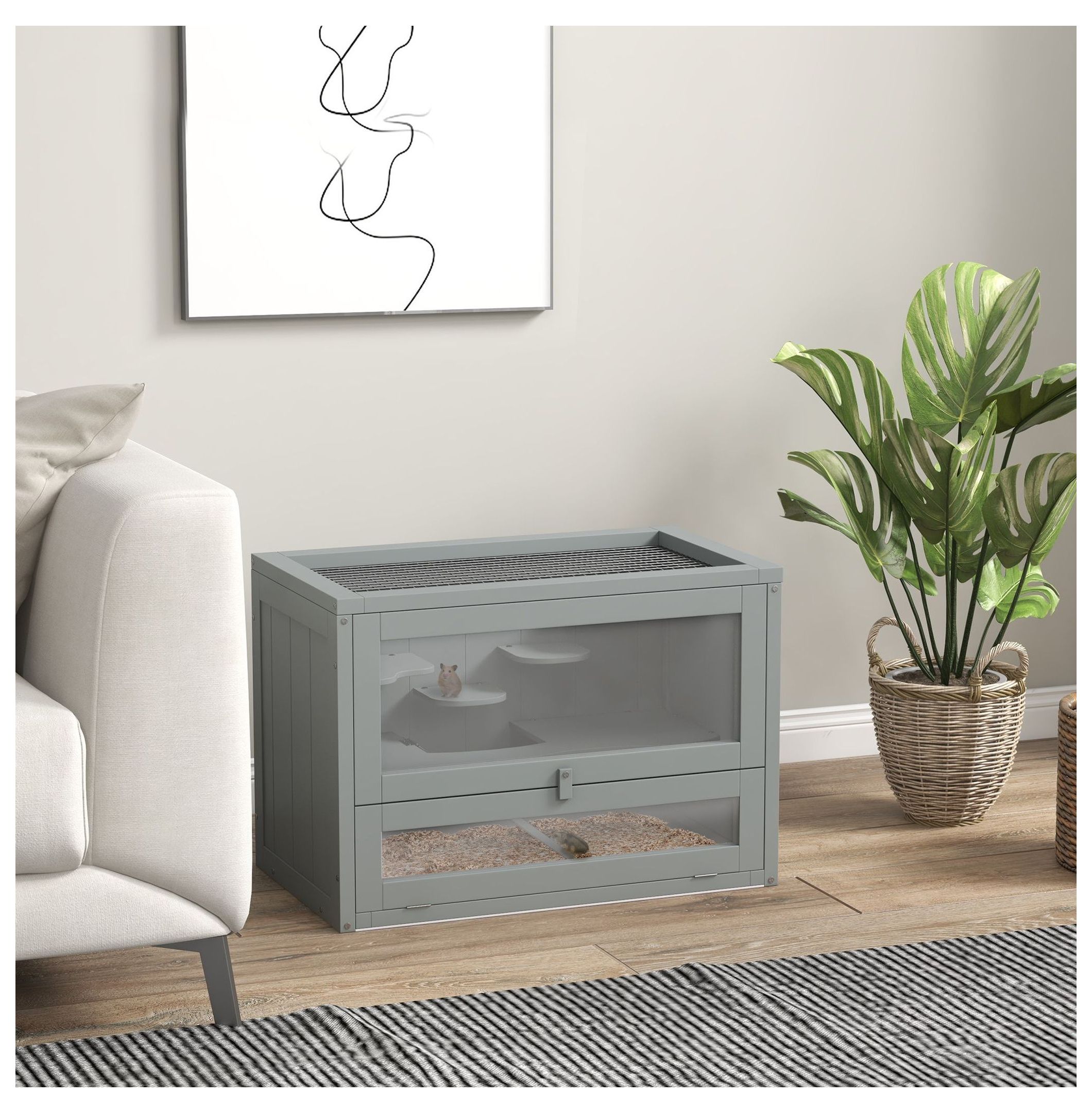 Hamster Cage 2-Level, Wood Small Animal , Open Top & Door, Gray