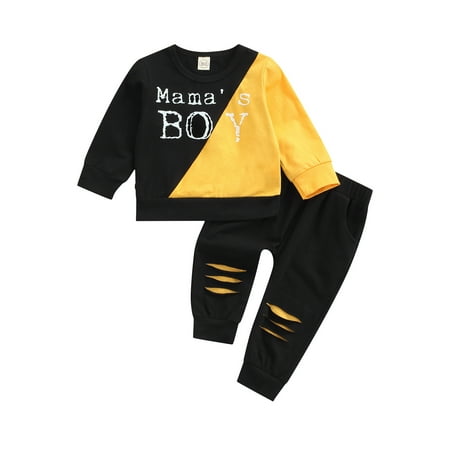 

Toddler Baby Boy 2Pcs Clothes Set Letter Pattern Long Sleeve Round Neck Pullover Sweatshirt Ripped Pants Set
