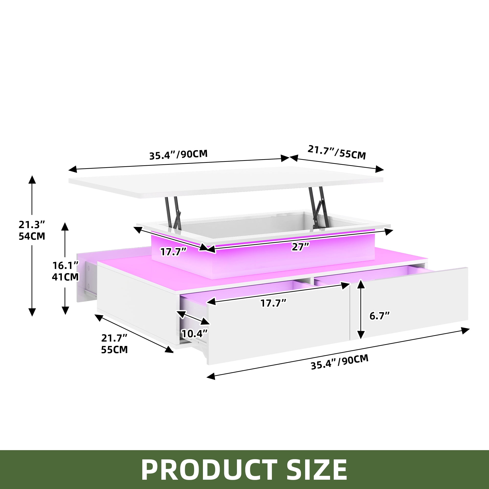 Uforic LED Lift Top Coffee Table with 4 Drawers and Hidden Storage, Modern White Finish