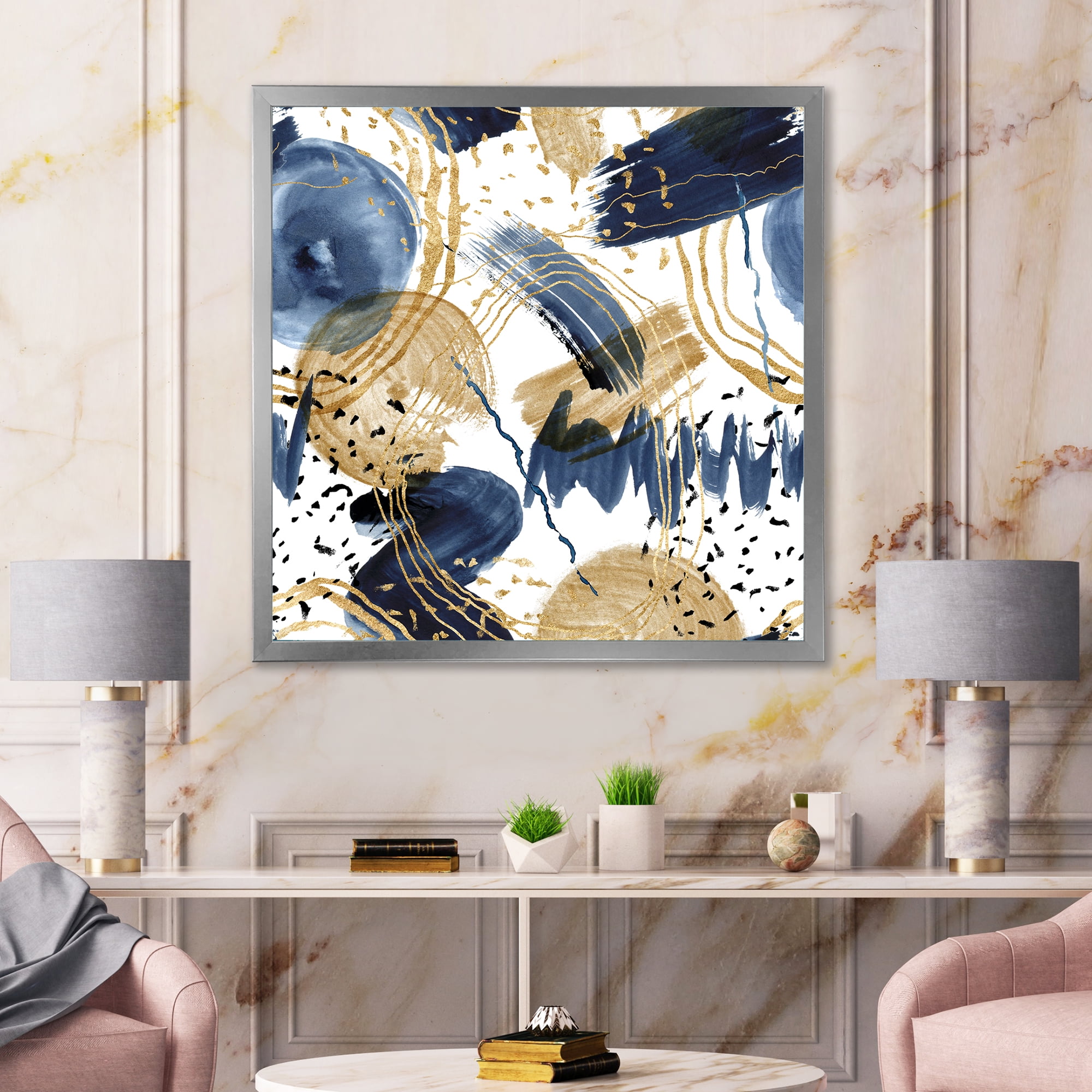 Designart 'Dark Blue & Golden Textures With Abstract Pattern' Modern Framed Art Print