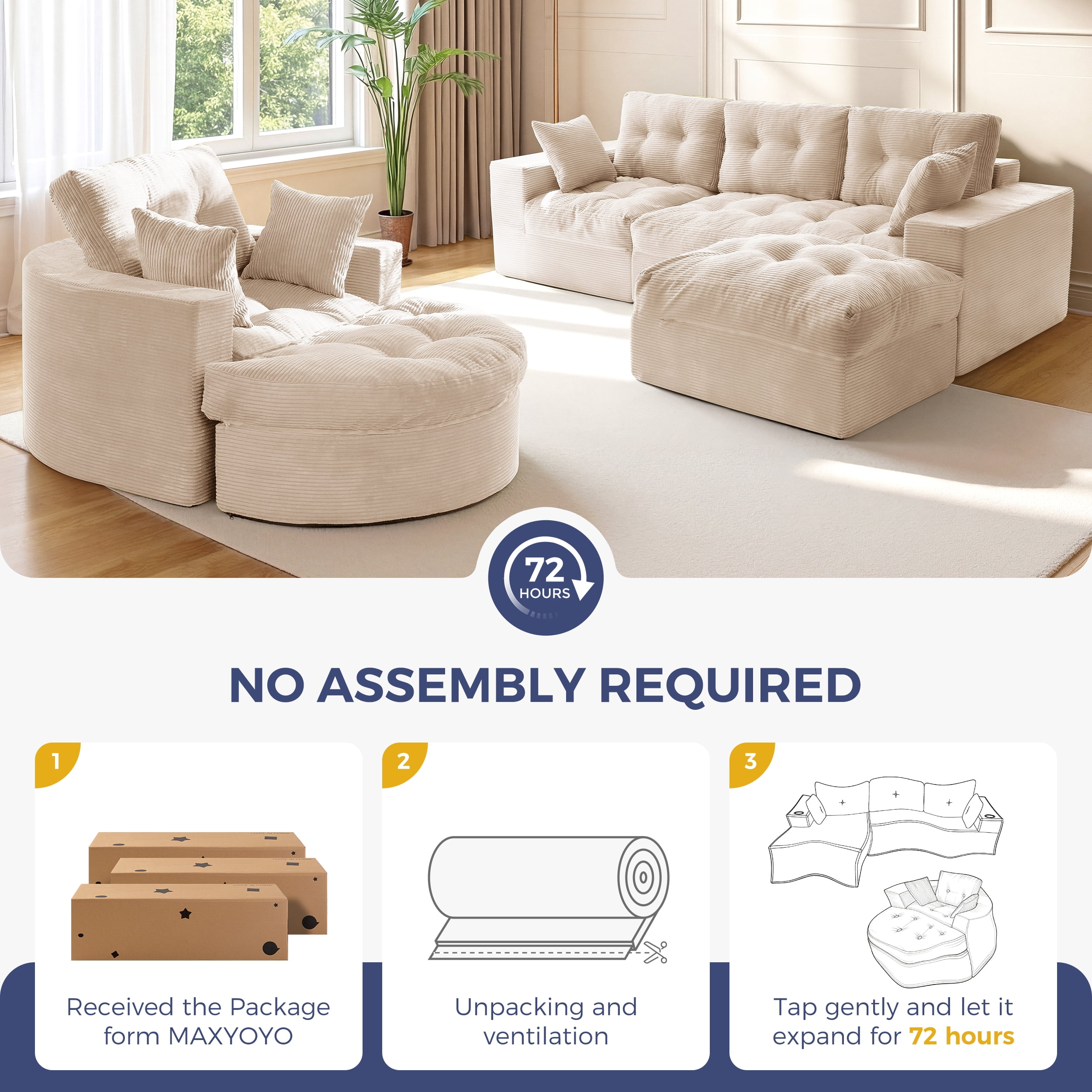 BYBYME Sofa Couch and Round Chaise Lounge,L Shaped Cloud-Plush Corduroy Boneless Floor Sofa Bed,Tufted Upholstered Sleeper Chair for Living Room,Beige